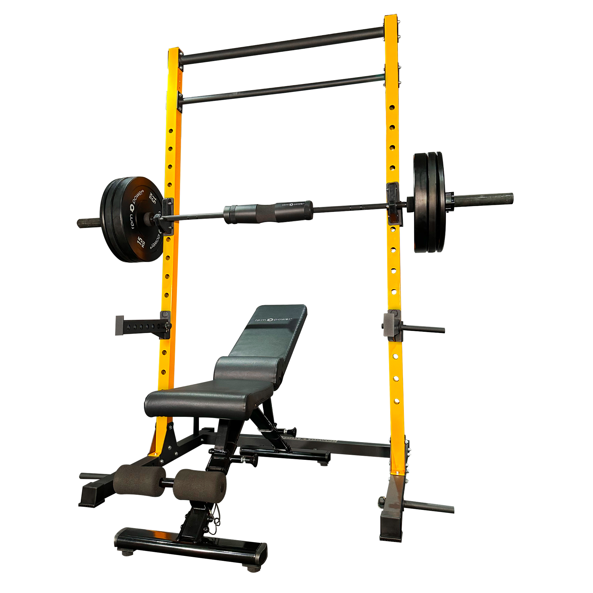 Yellow Power Rack with Barbells, Weight Plates and Home Gym Weight Bench
